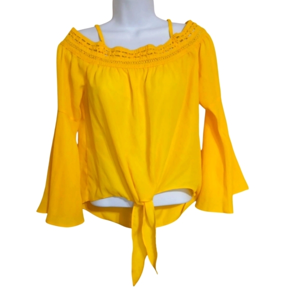BCX Lemon Yellow Strappy Off Shoulder Tie Front Blouse Size Extra Small - Picture 1 of 5